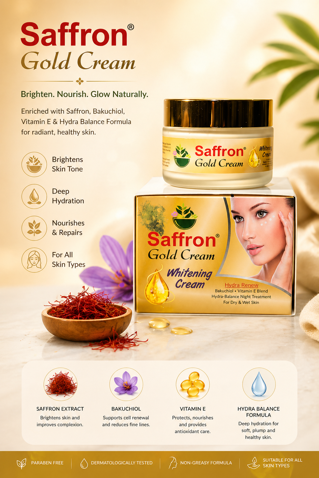 🌟 Saffron Gold Cream – Natural Whitening & Glow Formula
